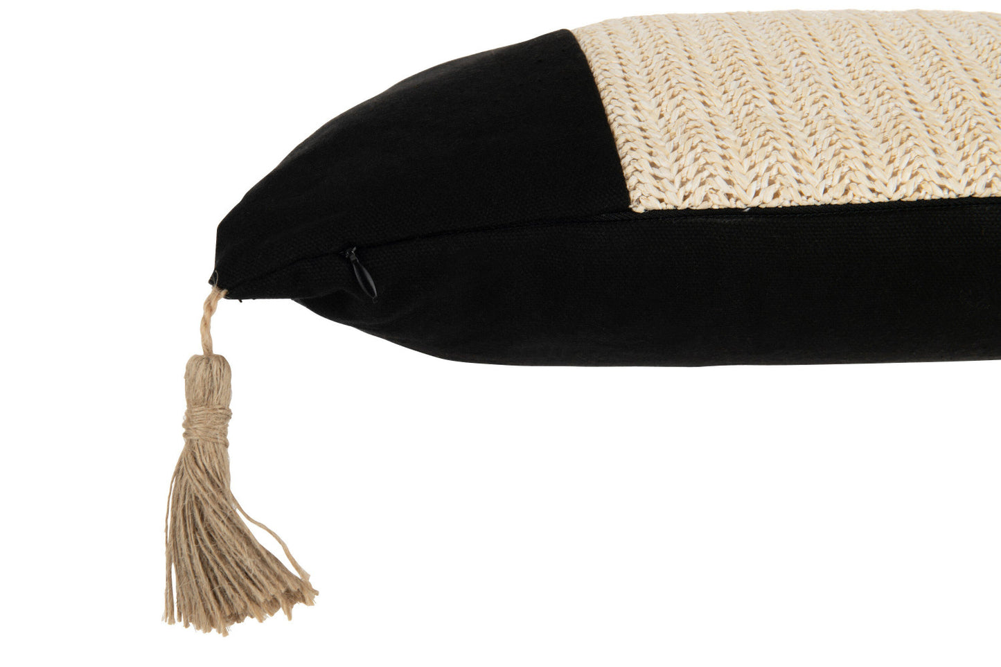 Zijaanzicht van een zwart sierkussen met beige geweven strook en juten kwastje, zichtbaar ritsdetail aan de zijkant