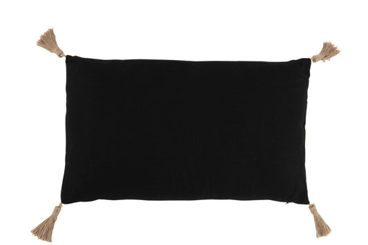 Zwart rechthoekig sierkussen met juten kwastjes aan de hoeken