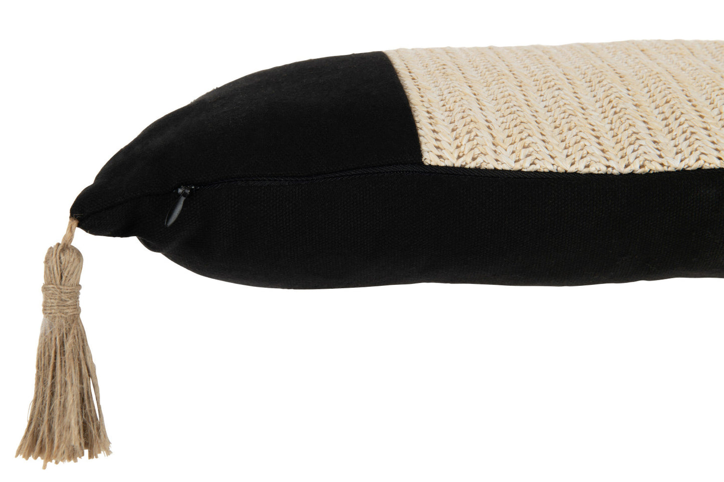 Zwart rechthoekig sierkussen met beige gevlochten detail en juten kwast aan de zijkant