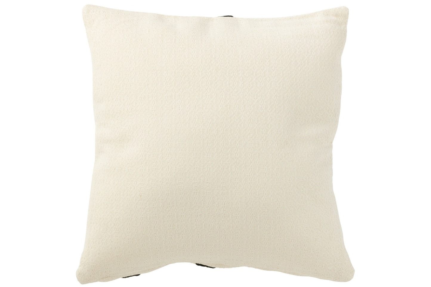 Achteraanzicht van een vierkant sierkussen in effen beige kleur met geweven textuur