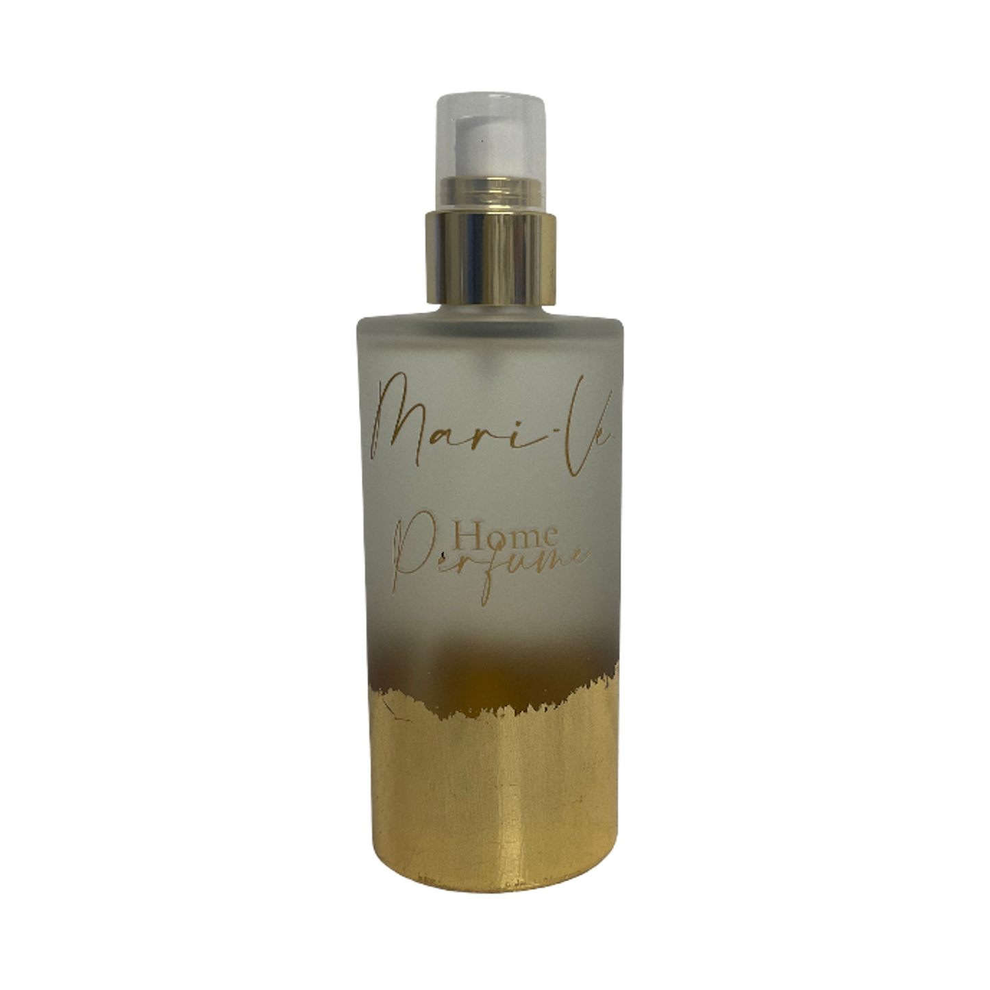 Mari-Ve® home perfume 200 ml – Frost matglazen flesje met hand aangebracht bladgoud en spraydop, verkrijgbaar in de verschillende huisgeuren van Mari-Ve