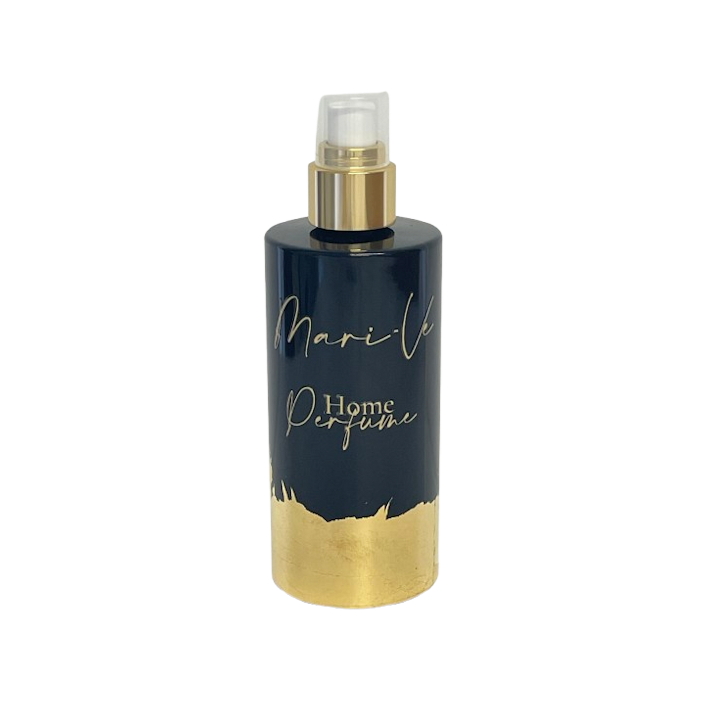 Luxe zwarte Mari-Ve huisparfum spray met gouden opschrift en onderzijde afgewerkt met bladgoud