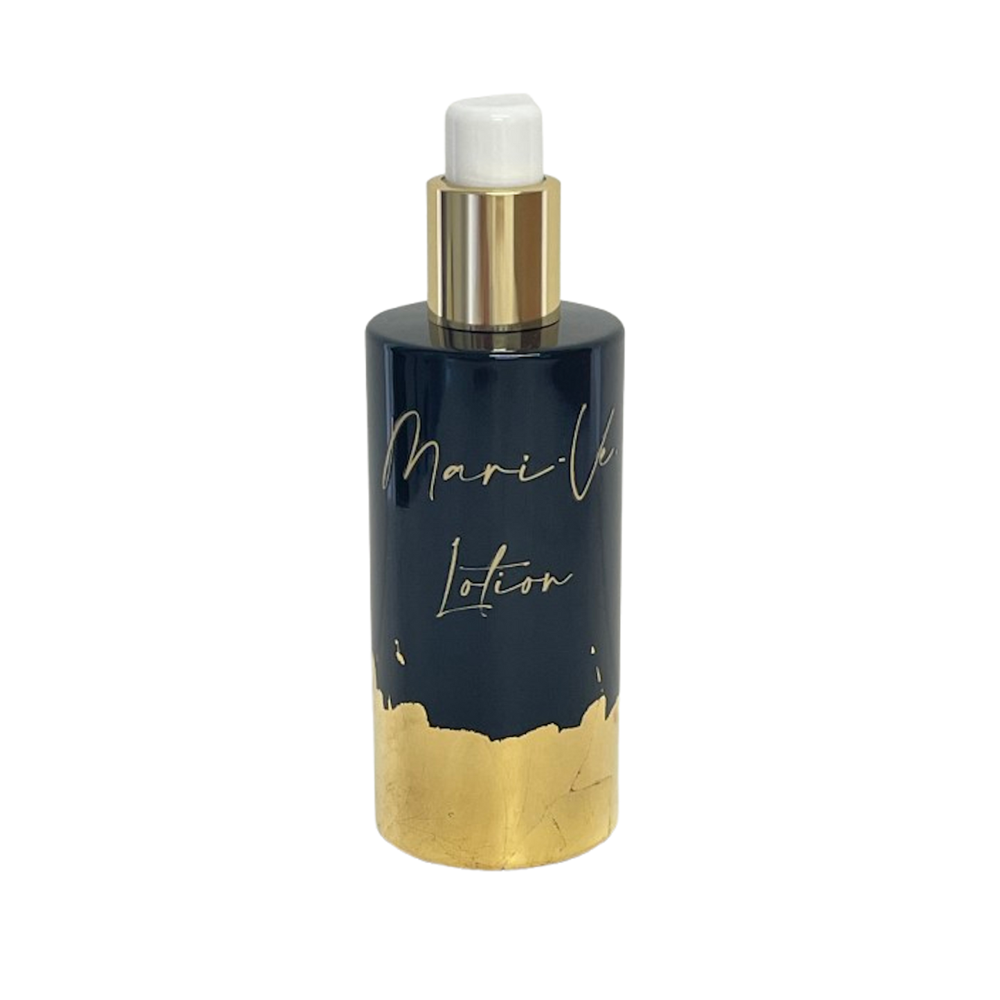 Mari-Ve - zwart glazen fles met gouden opdruk logo en lotion. flacon onderaan afgewerkt met bladgoud.