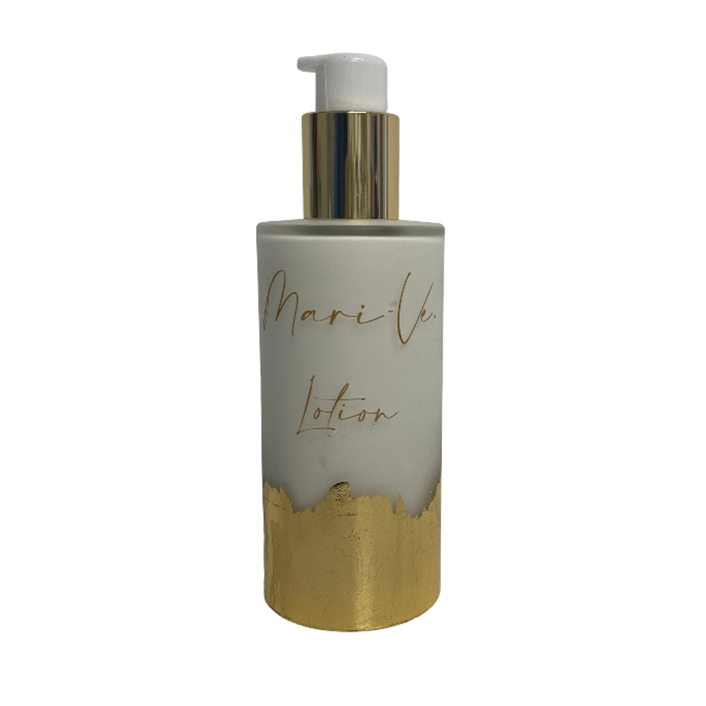 Mari-Ve® lotion 200 ml – Frost matglazen flesje met hand aangebracht bladgoud en pompdispenser, verkrijgbaar in de verschillende huisgeuren van Mari-Ve