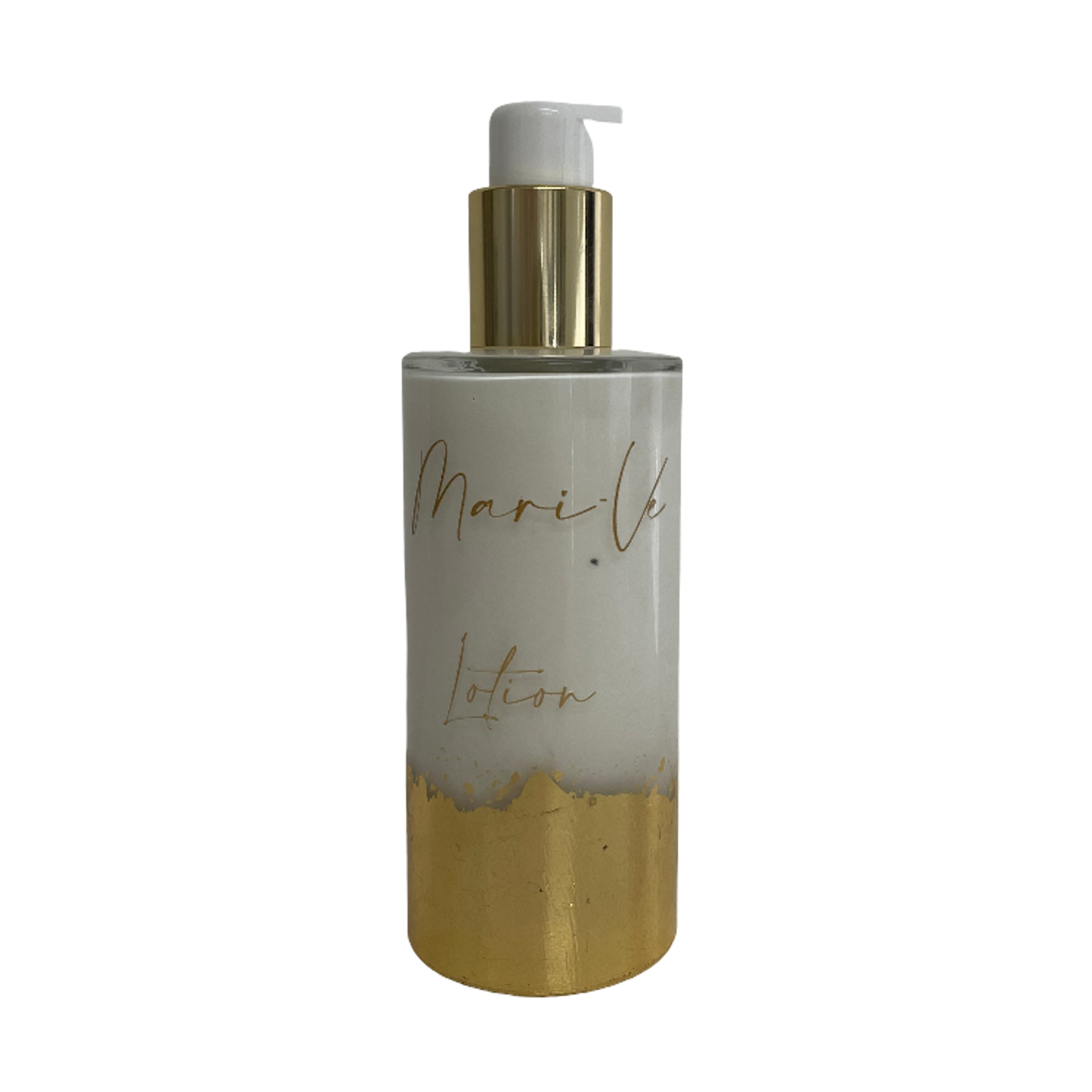 Mari-Ve® lotion 200 ml – flesje met hand aangebracht bladgoud en pompdispenser, verkrijgbaar in de verschillende huisgeuren van Mari-Ve