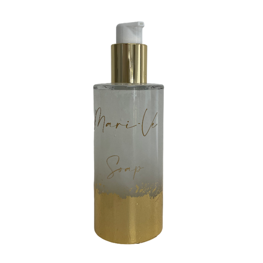 Mari-Ve® soap 200 ml – flesje met hand aangebracht bladgoud en pompdispenser, verkrijgbaar in de verschillende huisgeuren van Mari-Ve