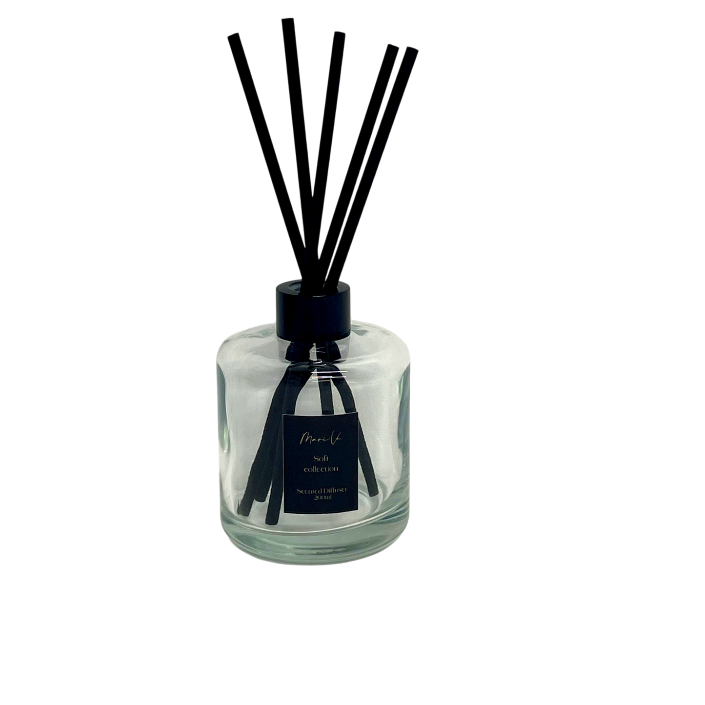Diffuser Helder - luxe interieurgeur in glazen doorschijnende houder met gouden draaidop en vijf zwarte geurstokken, 200 ml, keuze uit 10 huisparfums