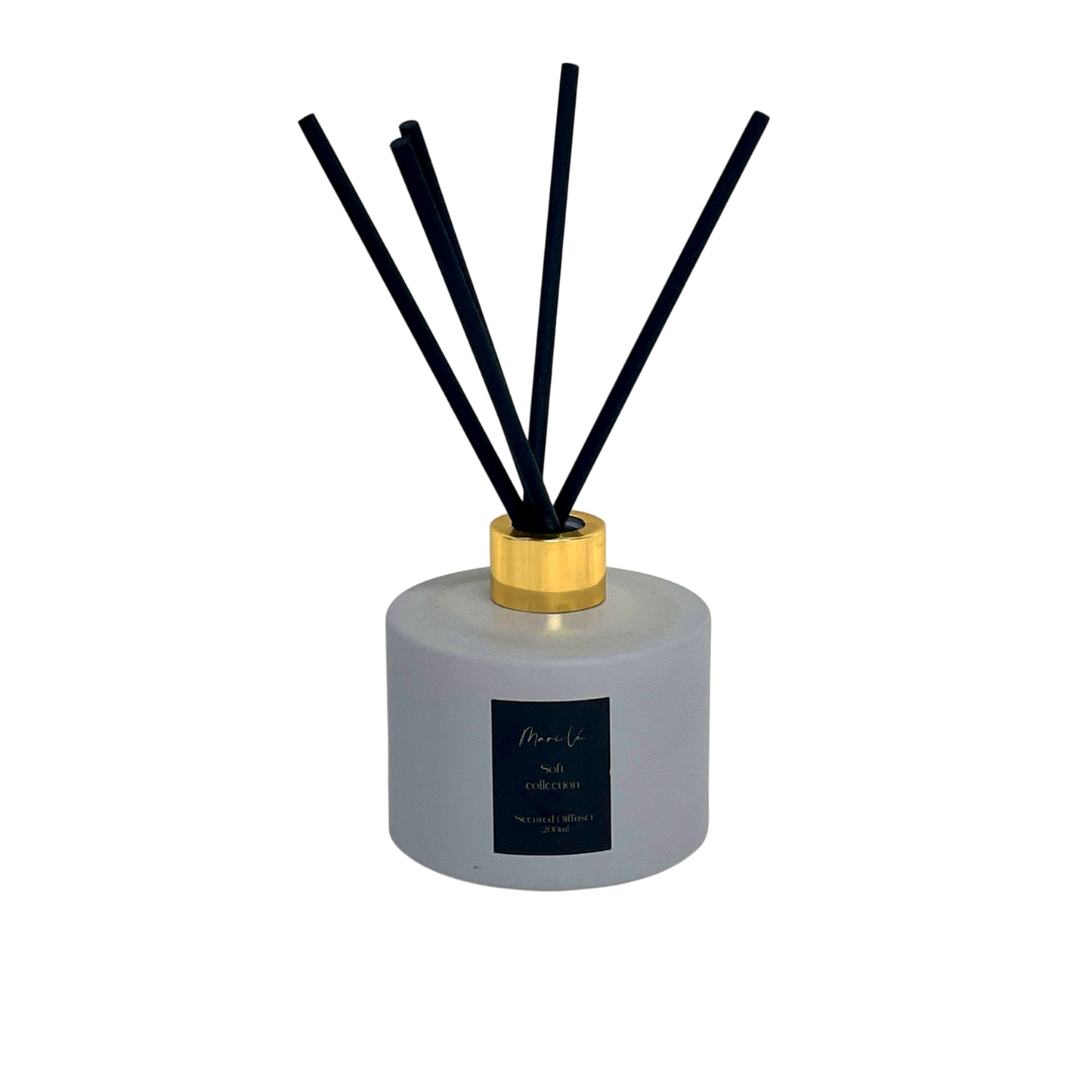 Diffuser Licht Grijs - luxe interieurgeur in glazen lichtgrijze houder met gouden draaidop en vijf zwarte geurstokken, 200 ml, keuze uit 10 huisparfums