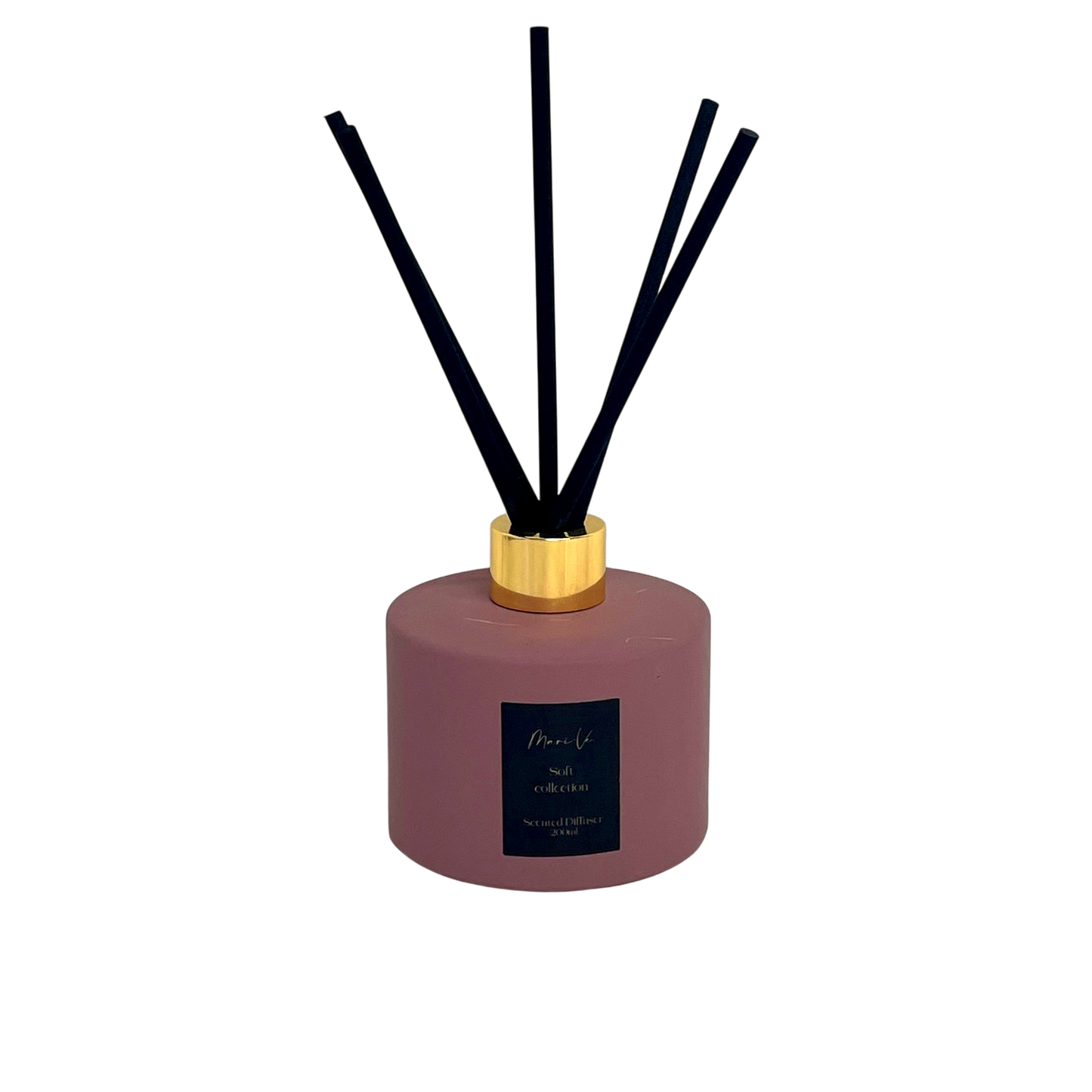 Diffuser Lila - luxe interieurgeur in glazen lila houder met gouden draaidop en vijf zwarte geurstokken, 200 ml, keuze uit 10 huisparfums