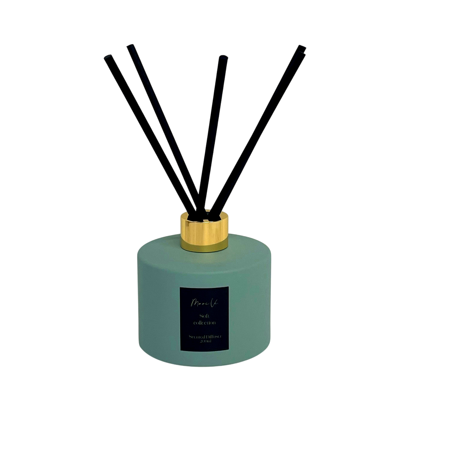 Diffuser Mint - luxe interieurgeur in glazen mintgroene houder met gouden draaidop en vijf zwarte geurstokken, 200 ml, keuze uit 10 huisparfums