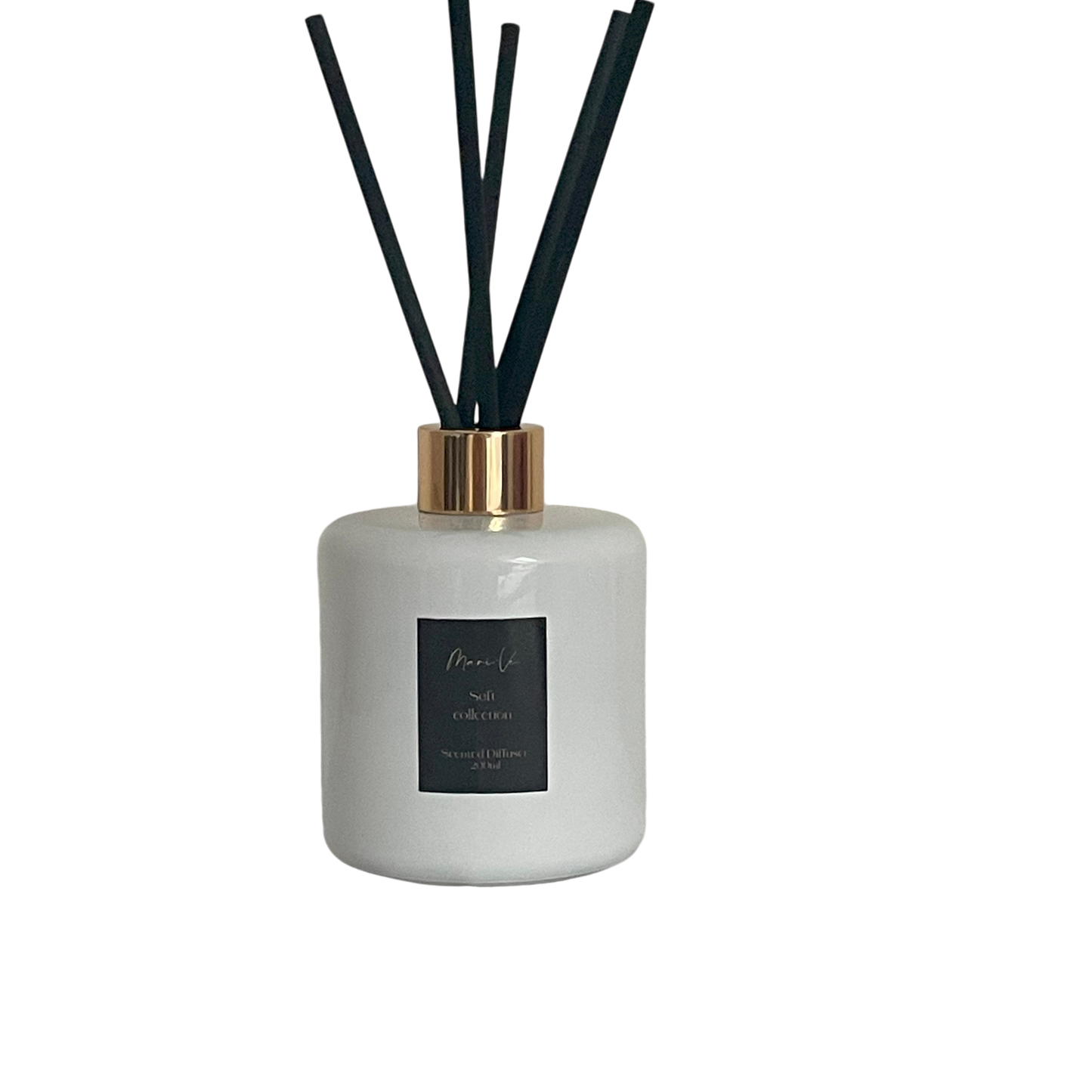 Diffuser Glazend Wit - luxe interieurgeur in glazen witte houder met gouden draaidop en vijf zwarte geurstokken, 200 ml, keuze uit 10 huisparfums