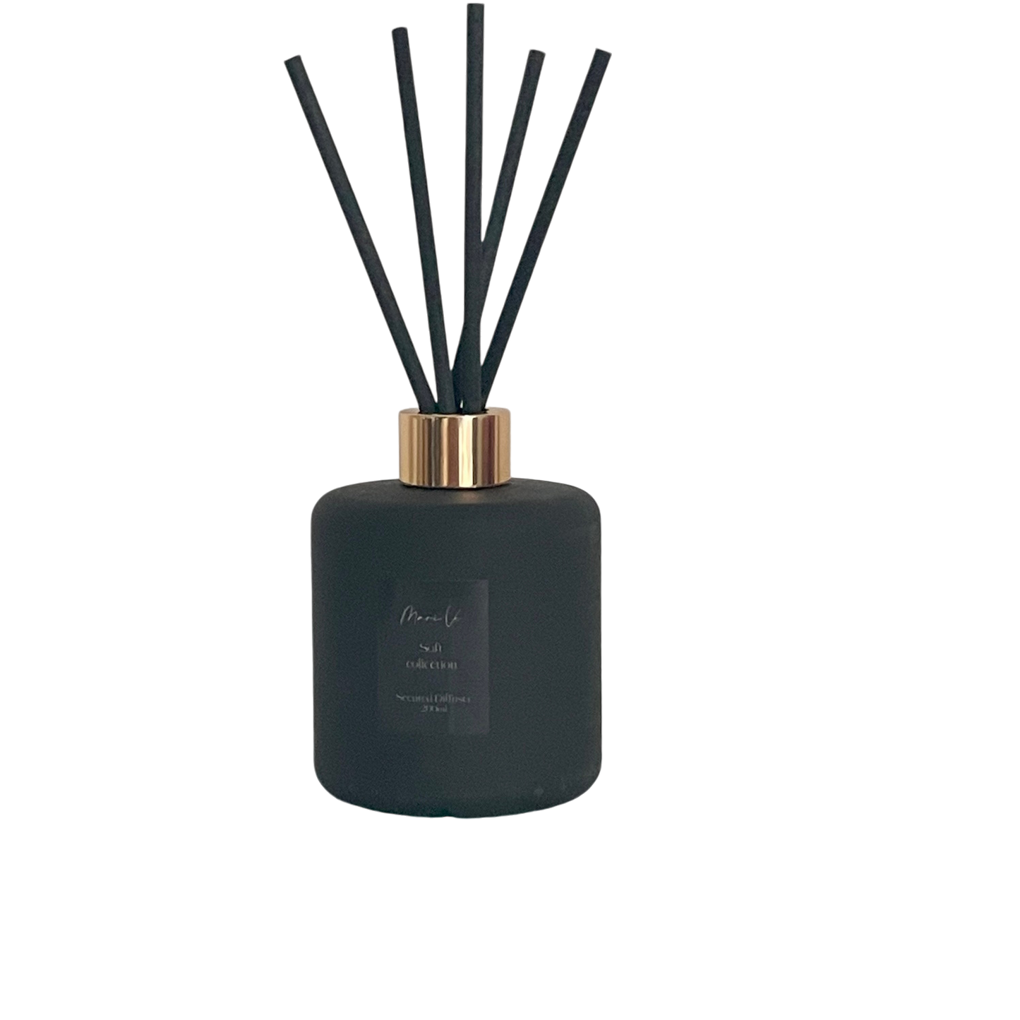 Diffuser Mat Zwart - luxe interieurgeur in matte zwarte houder met gouden draaidop en vijf zwarte geurstokken, 200 ml, keuze uit 10 huisparfums