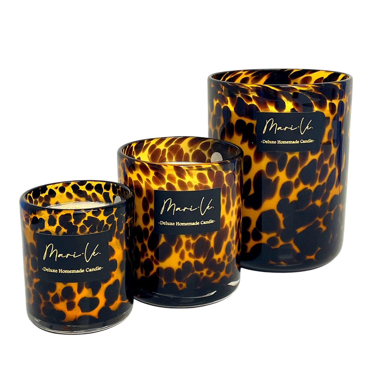 Handgemaakte wild-patroon glazen kandelaars van 1100ml, 450 ml en 250ml met gedurfde zwarte en bruine vlekken, Coffee Roast geur, gemaakt van duurzame sojawas – luxe en milieuvriendelijke geurkaars.