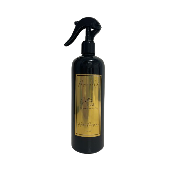Mari-Ve® roomspray 500 ml – zwarte PET-fles met gouden label en spraykop, geur Fresh Cotton