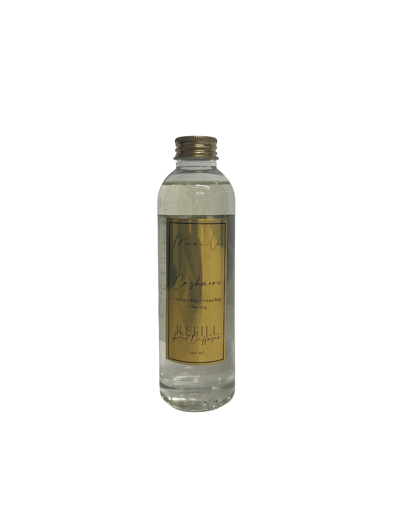 Mari-Ve® diffuser refill 200 ml – transparante navulfles met gouden label en schroefdop, geur Cashmere