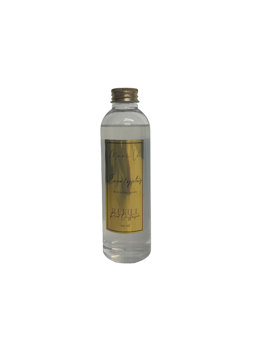 Mari-Ve® diffuser refill 200 ml – transparante navulfles met gouden label en schroefdop, geur Eucalyptus