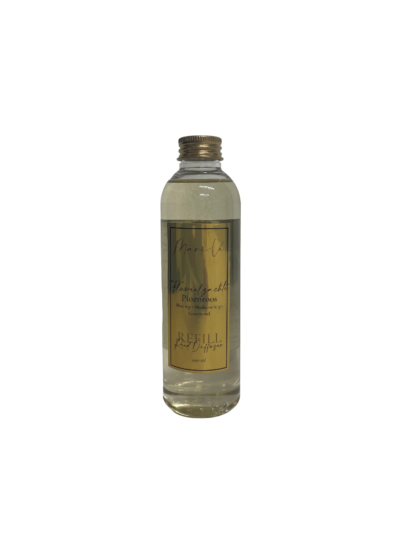 Mari-Ve® diffuser refill 200 ml – transparante navulfles met gouden label en schroefdop, geur Flwueelzachte Pioenroos