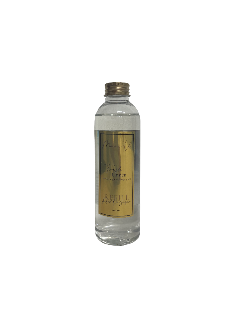 Mari-Ve® diffuser refill 200 ml – transparante navulfles met gouden label en schroefdop, geur Fresh Linnen.
