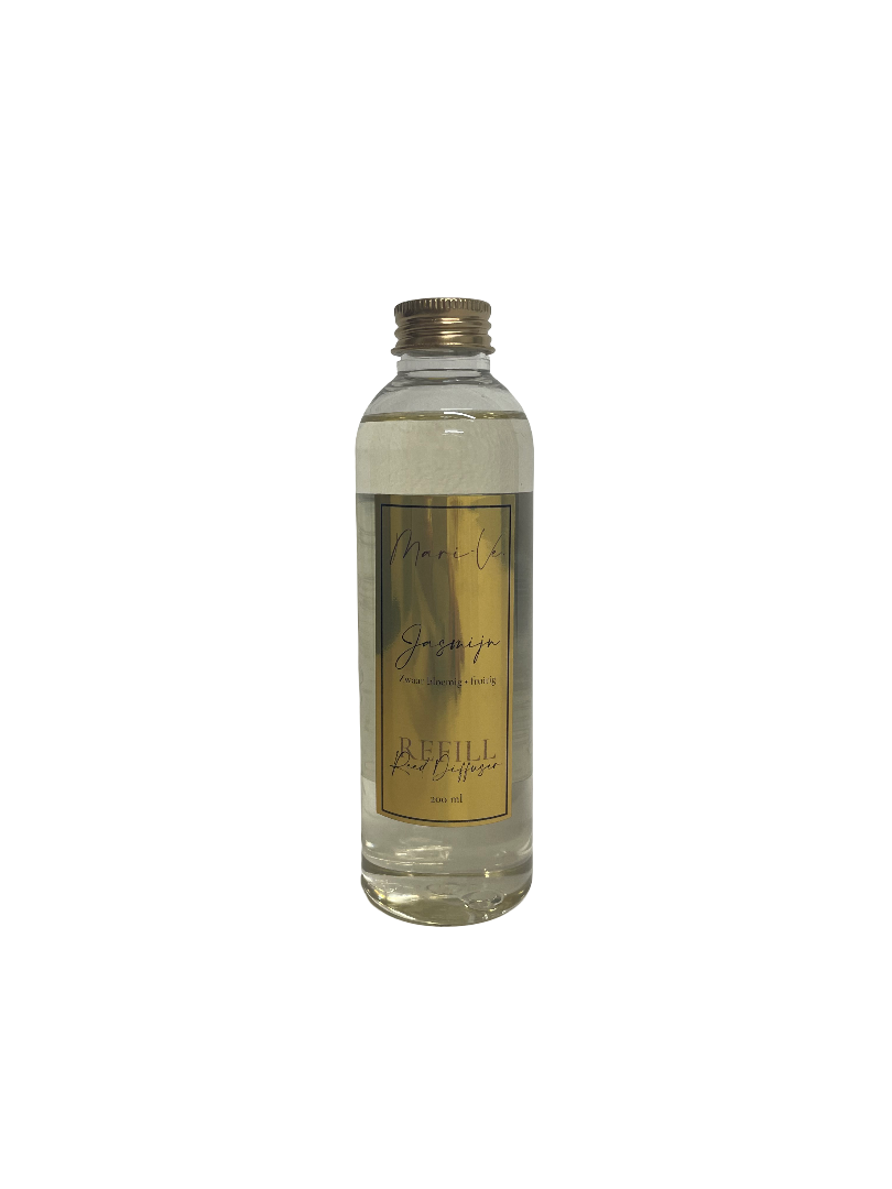 Mari-Ve® diffuser refill 200 ml – transparante navulfles met gouden label en schroefdop, geur Jasmijn