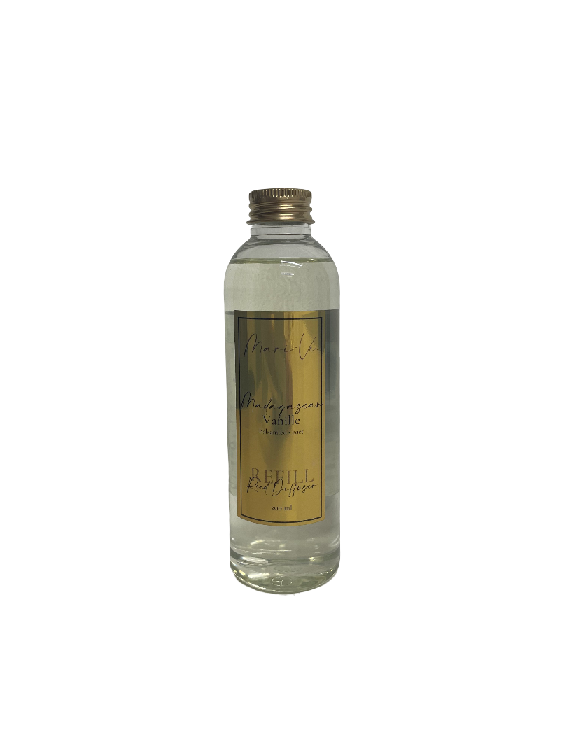 Mari-Ve® diffuser refill 200 ml – transparante navulfles met gouden label en schroefdop, geur Madagascan Vanille