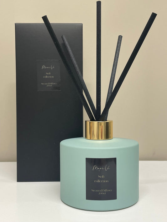 Diffuser Mint met verpakking - luxe interieurgeur in glazen mintgroene houder met gouden draaidop en vijf zwarte geurstokken, 200 ml, keuze uit 10 huisparfums