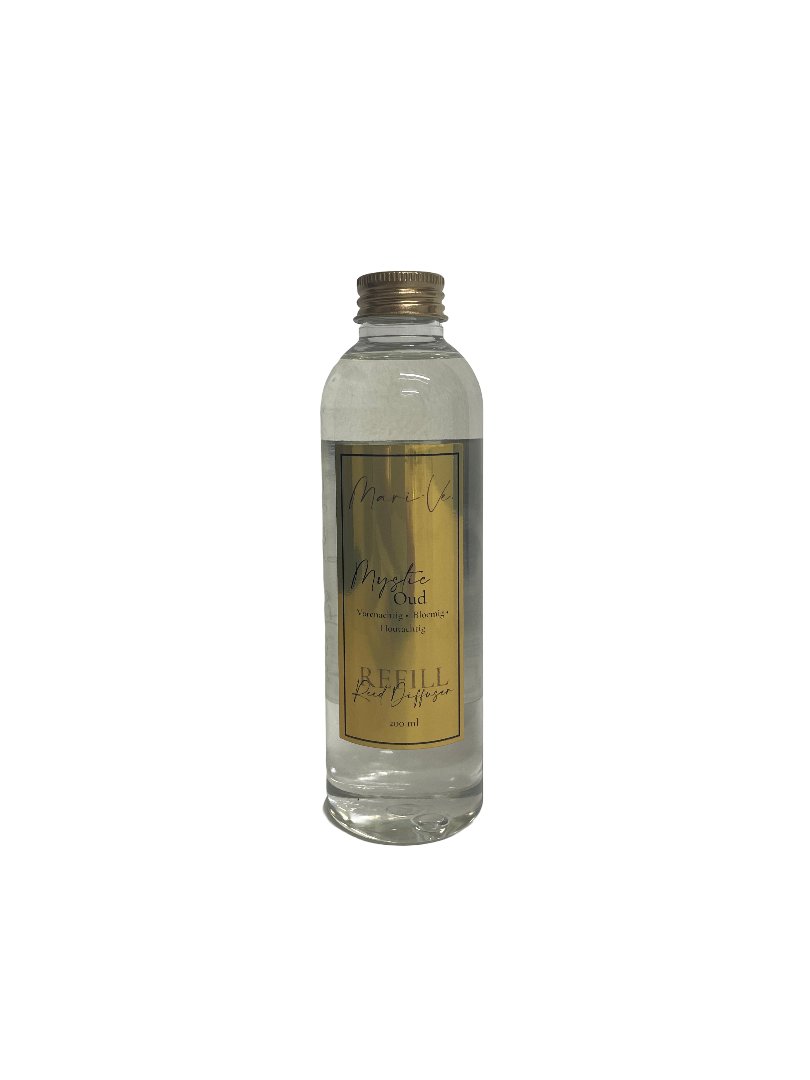 Mari-Ve® diffuser refill 200 ml – transparante navulfles met gouden label en schroefdop, geur Mystic Oud