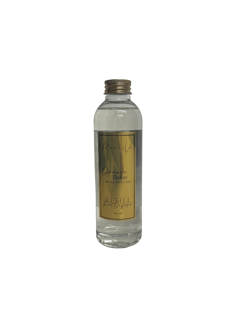 Mari-Ve® diffuser refill 200 ml – transparante navulfles met gouden label en schroefdop, geur Orange Flower.