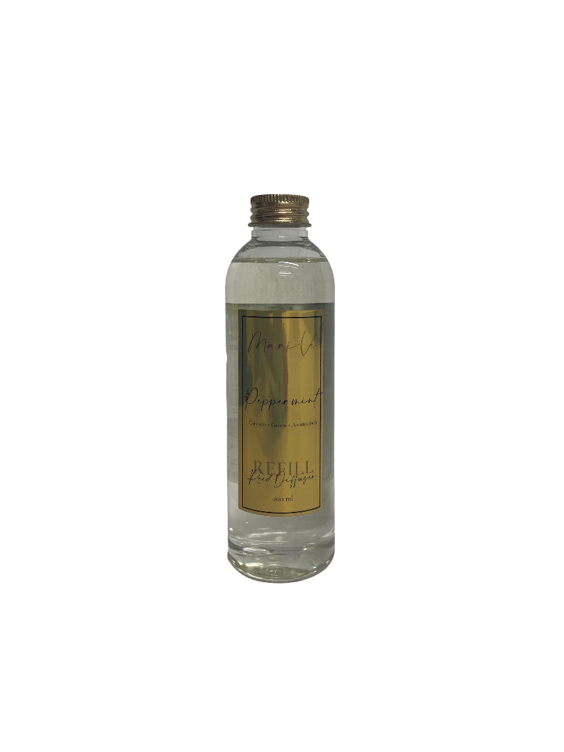 Mari-Ve® diffuser refill 200 ml – transparante navulfles met gouden label en schroefdop, geur Peppermint ( peppermunt )