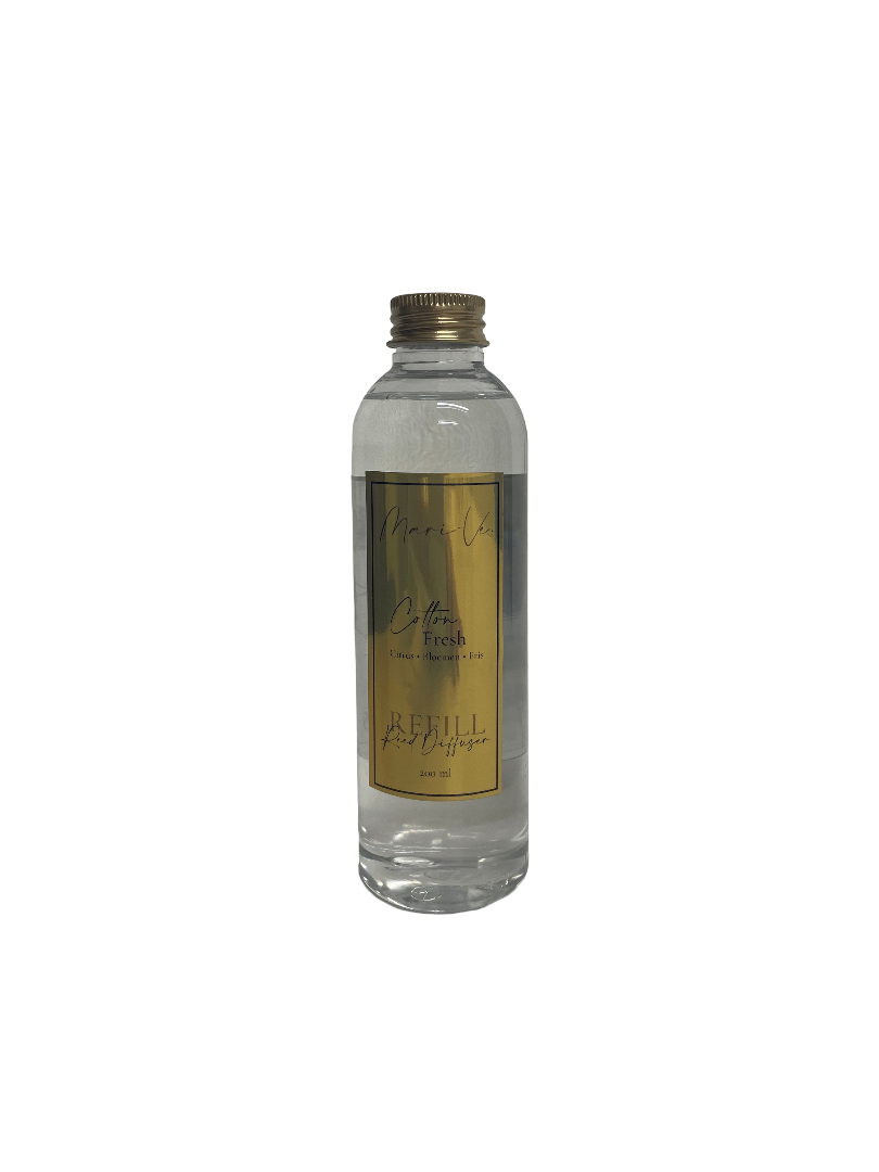 Mari-Ve® diffuser refill 200 ml – transparante navulfles met gouden label en schroefdop, geur Cotton Fresh.