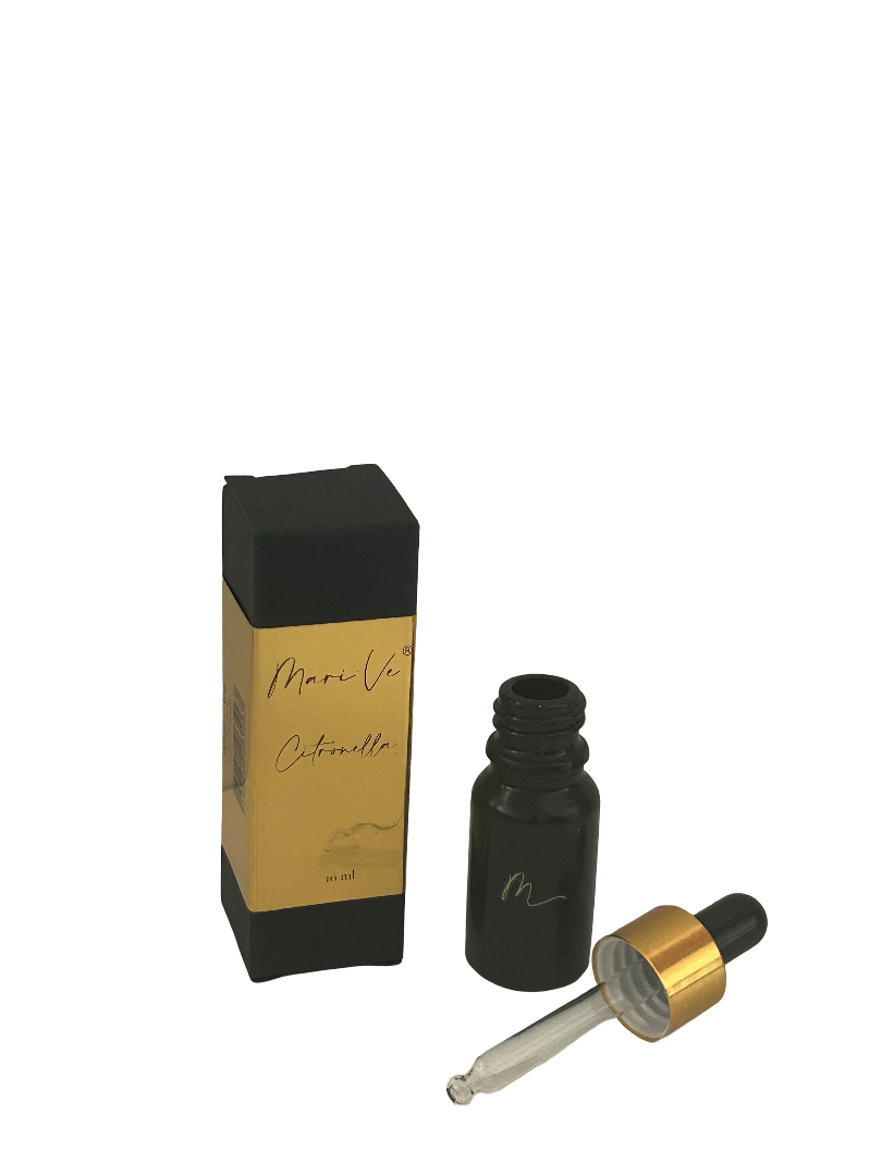 Mari-Ve® geurdruppelflesje 10 ml – zwart flesje met gouden label, pipet en luxe doosje, geur Citronella