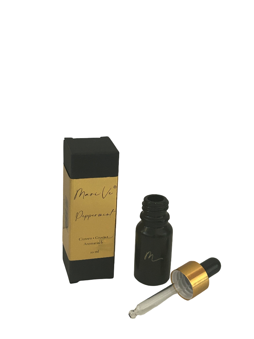 Mari-Ve® geurdruppelflesje 10 ml – zwart flesje met gouden label, pipet en luxe doosje, geur Peppermint ( peppermunt )