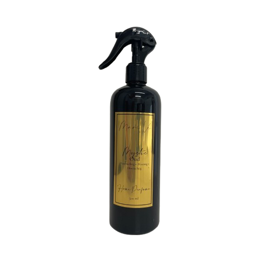 Mari-Ve® roomspray 500 ml – zwarte PET-fles met gouden label en spraykop, geur Mystic Oud