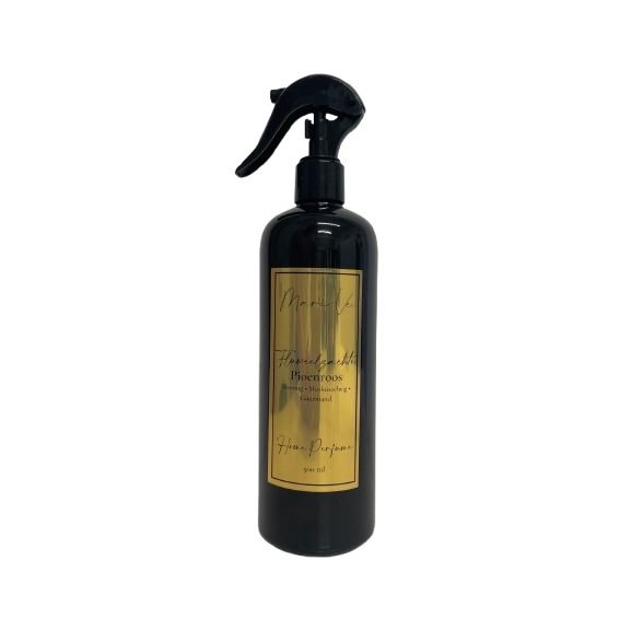 Mari-Ve® roomspray 500 ml – zwarte PET-fles met gouden label en spraykop, geur Fluweelzachte pioenroos