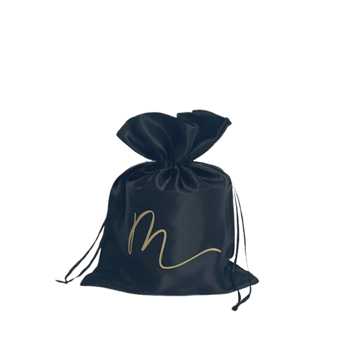 Luxe zwarte zijden geschenkverpakking voor small geurkaars van Mari-Ve met goudkleurig M-logo.