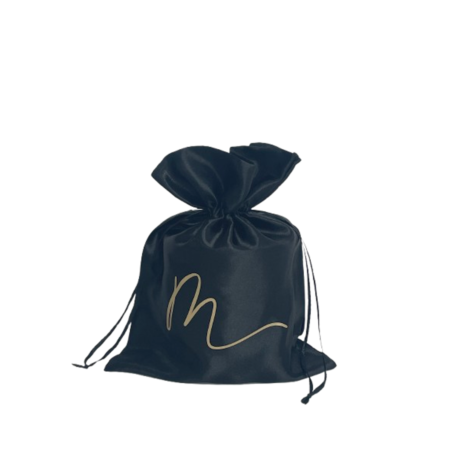 Luxe zwarte zijden geschenkverpakking voor small geurkaars van Mari-Ve met goudkleurig M-logo.