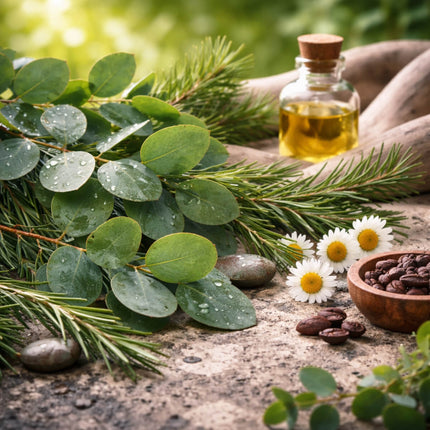 Eucalyptus geurbeleving van Mari-Ve met groene bladeren en etherische olie voor een frisse en zuivere sfeer