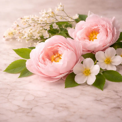 Bloemige geurbeleving van Mari-Ve met pioenrozen en zachte bloesems voor een elegante en verfijnde sfeer