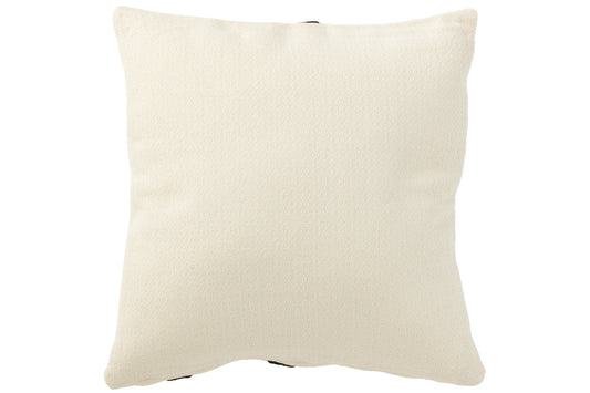 Achteraanzicht van een vierkant sierkussen in effen beige kleur met geweven textuur