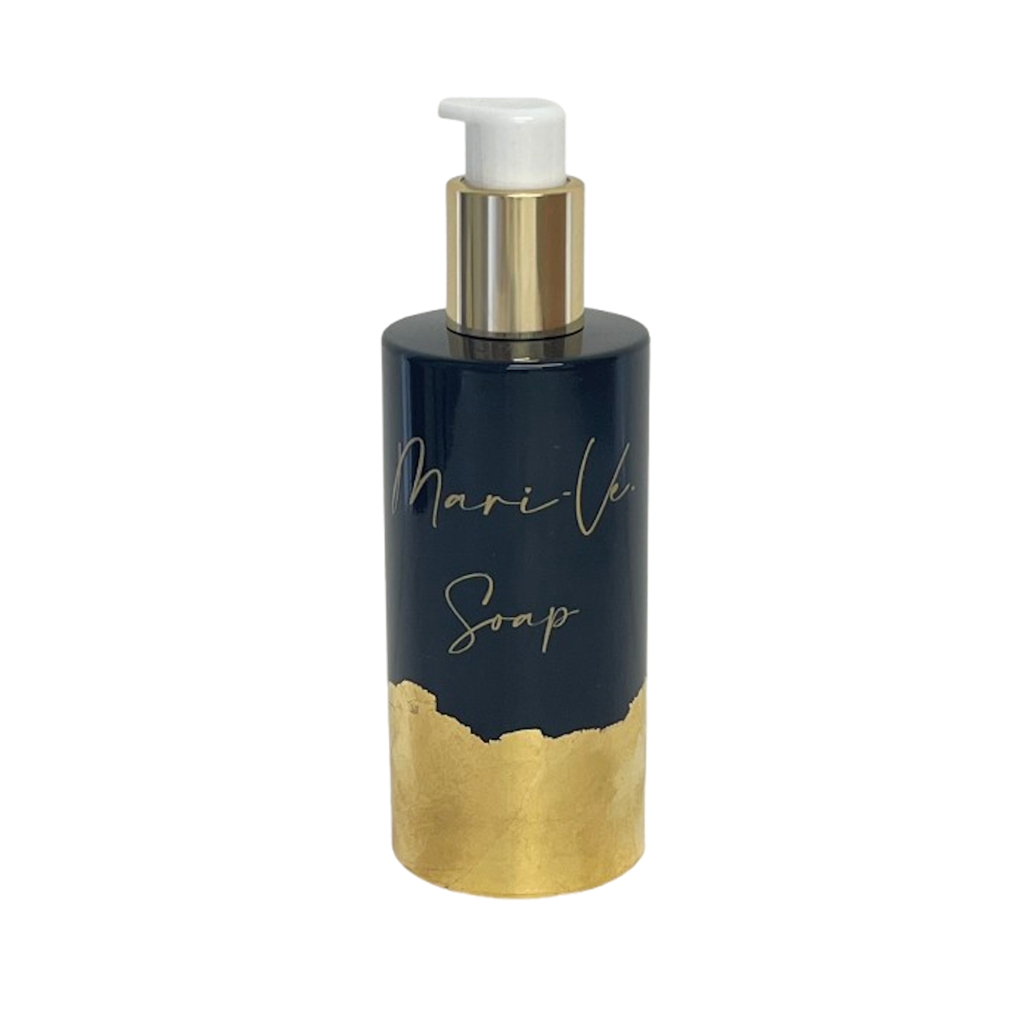 Mari-Ve -  zwart glazen fles met gouden opdruk logo en soap. flacon onderaan afgewerkt met bladgoud.