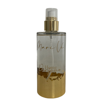 Mari-Ve® home perfume 200 ml – flesje met hand aangebracht bladgoud en spraydop, verkrijgbaar in de verschillende huisgeuren van Mari-Ve
