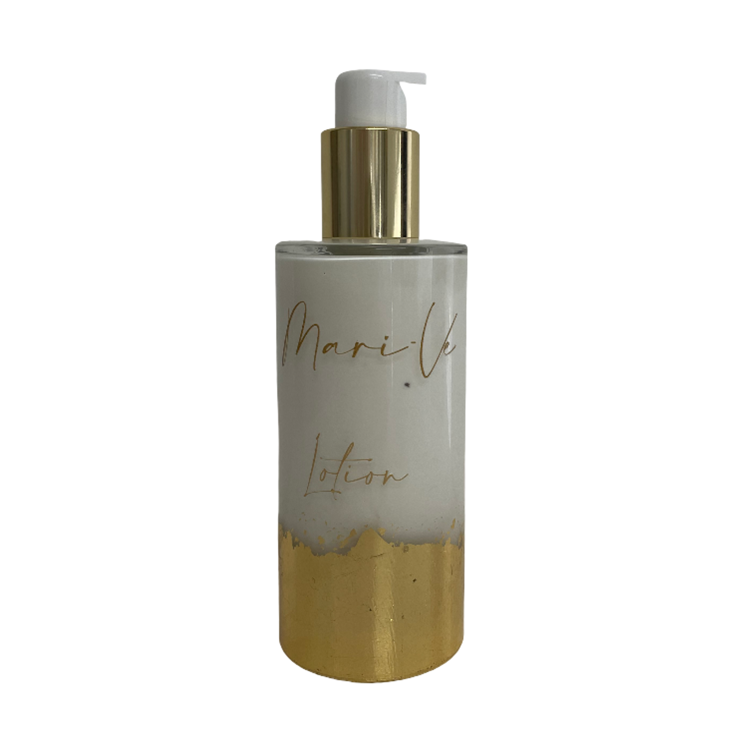 Mari-Ve® lotion 200 ml –  flesje met hand aangebracht bladgoud en pompdispenser, verkrijgbaar in de verschillende huisgeuren van Mari-Ve