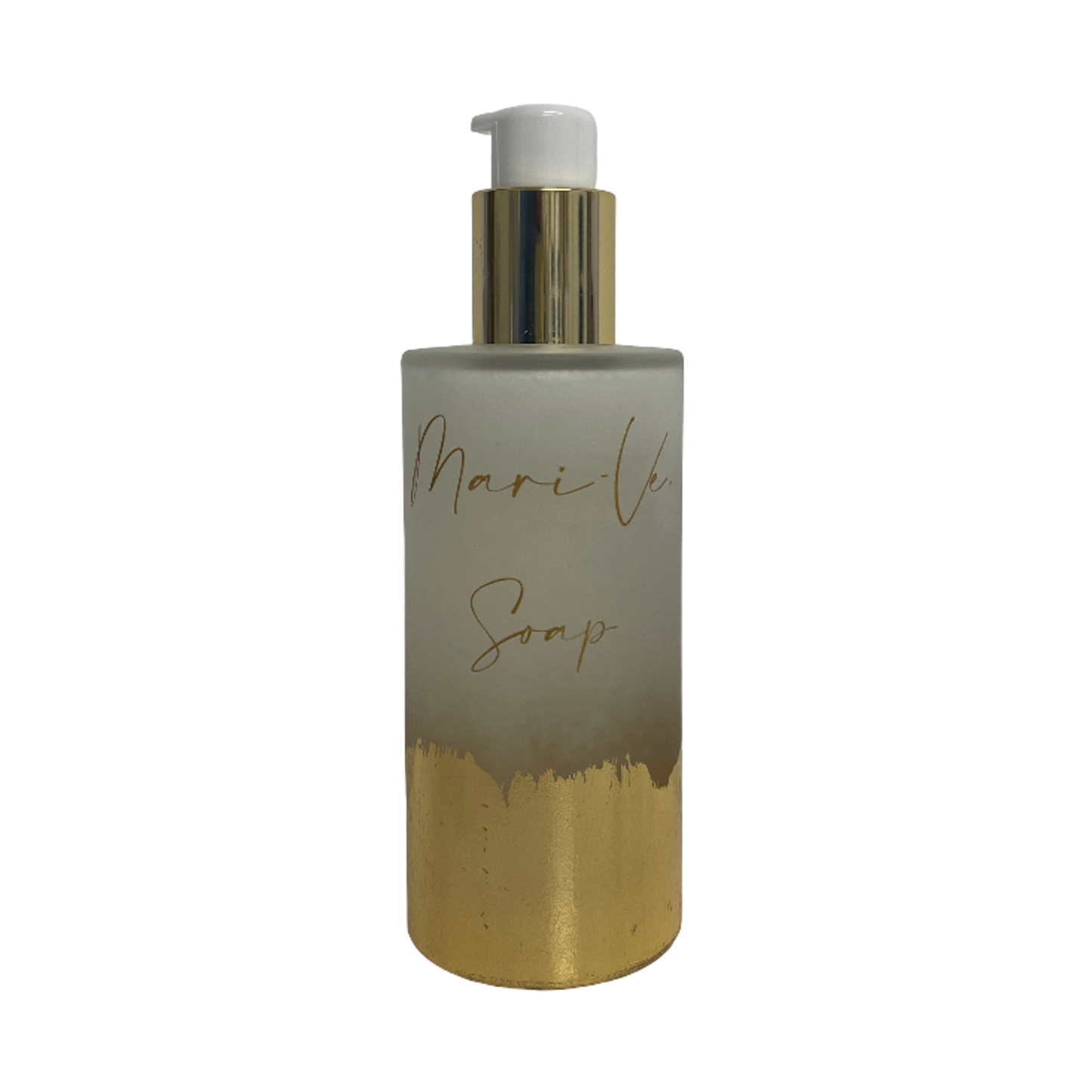 Mari-Ve® soap 200 ml – Frost matglazen flesje met hand aangebracht bladgoud en pompdispenser, verkrijgbaar in de verschillende huisgeuren van Mari-Ve