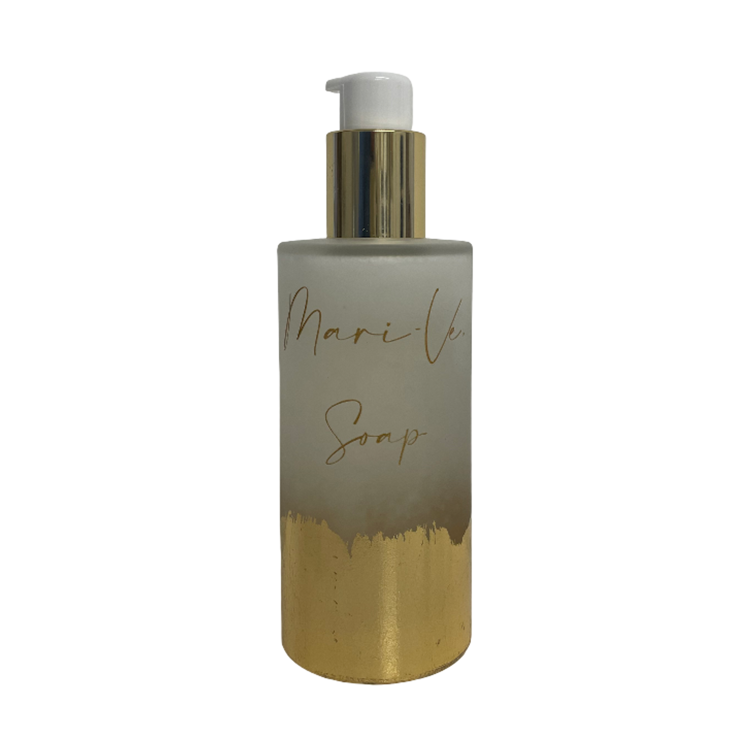 Mari-Ve® soap 200 ml – Frost matglazen flesje met hand aangebracht bladgoud en pompdispenser, verkrijgbaar in de verschillende huisgeuren van Mari-Ve