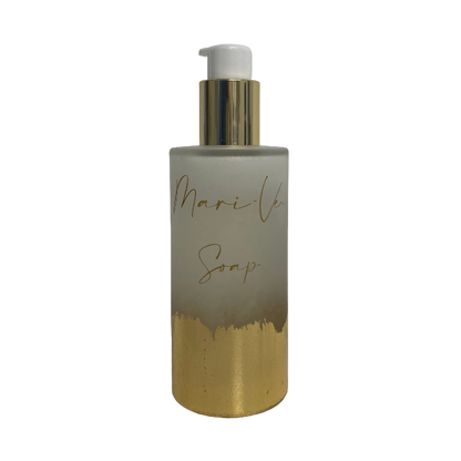 Mari-Ve® soap 200 ml – Frost matglazen flesje met hand aangebracht bladgoud en pompdispenser, verkrijgbaar in de verschillende huisgeuren van Mari-Ve