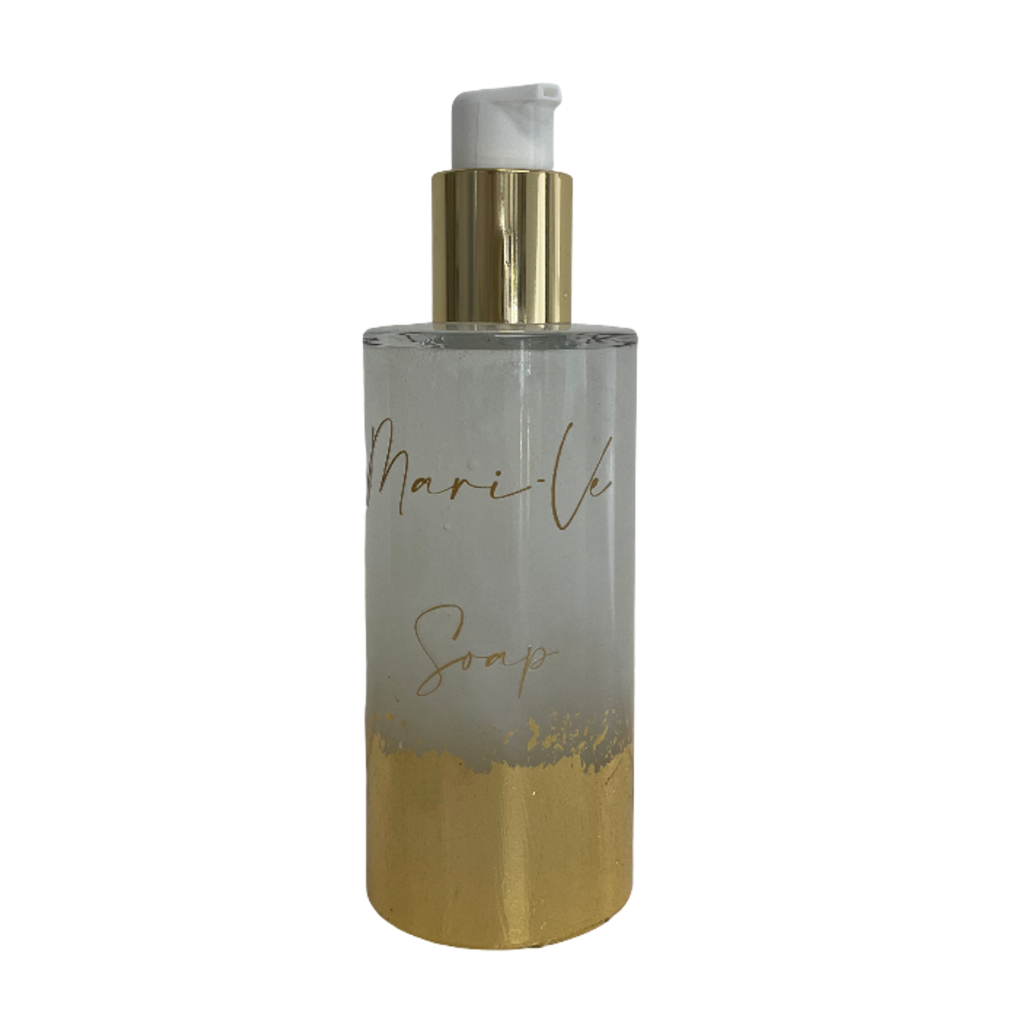 Mari-Ve® soap 200 ml – flesje met hand aangebracht bladgoud en pompdispenser, verkrijgbaar in de verschillende huisgeuren van Mari-Ve