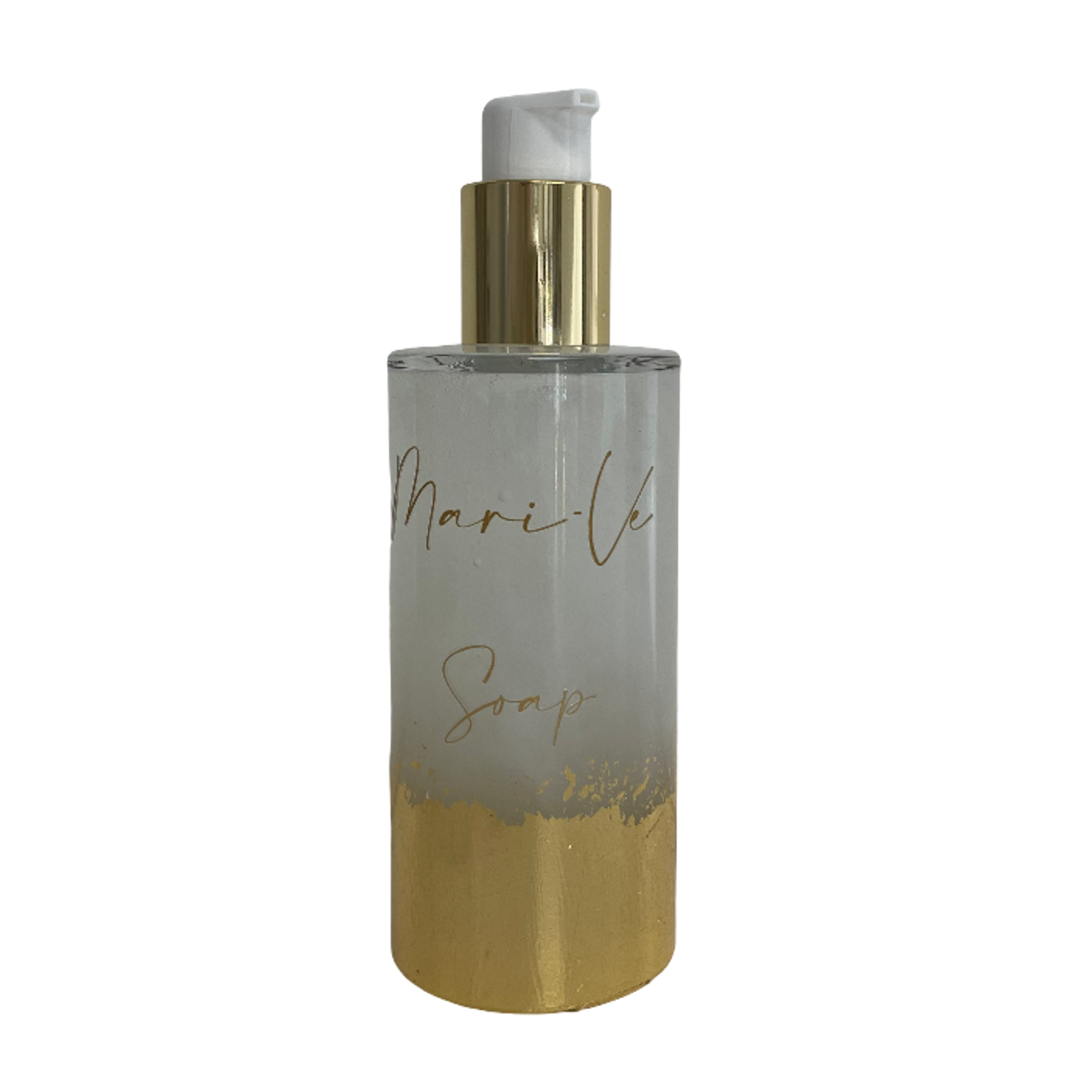 Mari-Ve® soap 200 ml – flesje met hand aangebracht bladgoud en pompdispenser, verkrijgbaar in de verschillende huisgeuren van Mari-Ve
