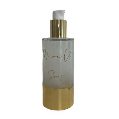 Mari-Ve® soap 200 ml – flesje met hand aangebracht bladgoud en pompdispenser, verkrijgbaar in de verschillende huisgeuren van Mari-Ve