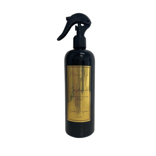 Mari-Ve® roomspray 500 ml – zwarte PET-fles met gouden label en spraykop, geur   Cashmere