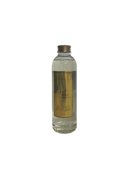 Mari-Ve® diffuser refill 200 ml – transparante navulfles met gouden label en schroefdop, geur Sweet Cherry