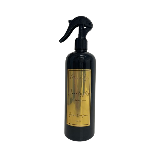 Mari-Ve® roomspray 500 ml – zwarte PET-fles met gouden label en spraykop, geur   Eucalyptus